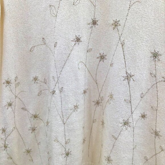 Vintage 1X Winter Flowers Sweater Embroidered Iridescent Sequin Ivory Gold L/S - Picture 5 of 13